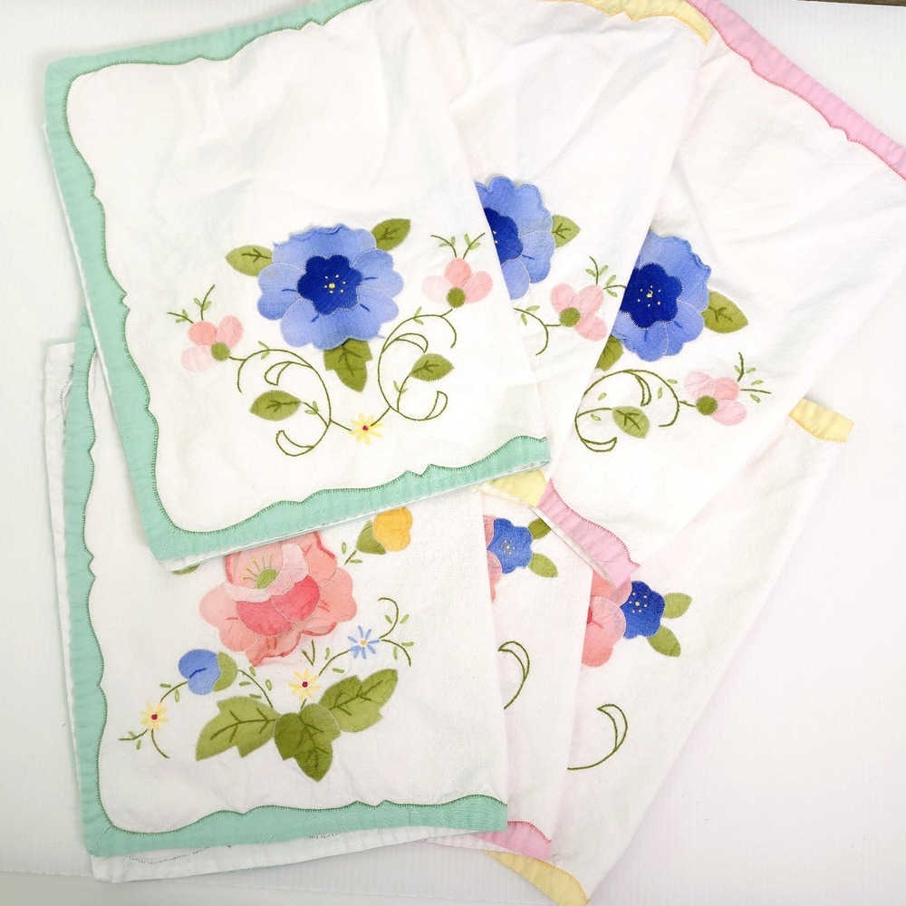 6 Vintage Fabric Placemats Applique Flowers Rectangle Place Mat Pastel